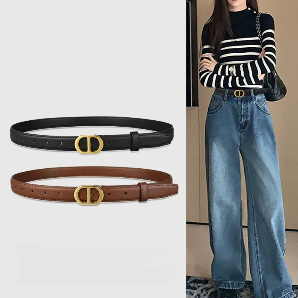 Black women's leather belt by Ansoff, stylish and versatile accessory with simple design, ideal for jeans and casual outfits.