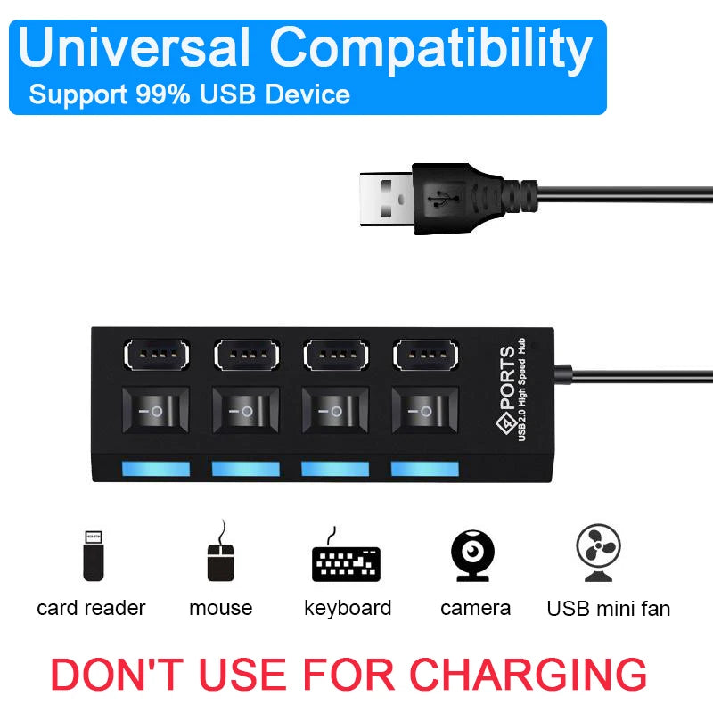 High Speed 4/7 Ports USB HUB 2.0 Adapter Expander Multi USB Splitter Multiple Extender with LED Lamp Switch for PC Laptop - Acros