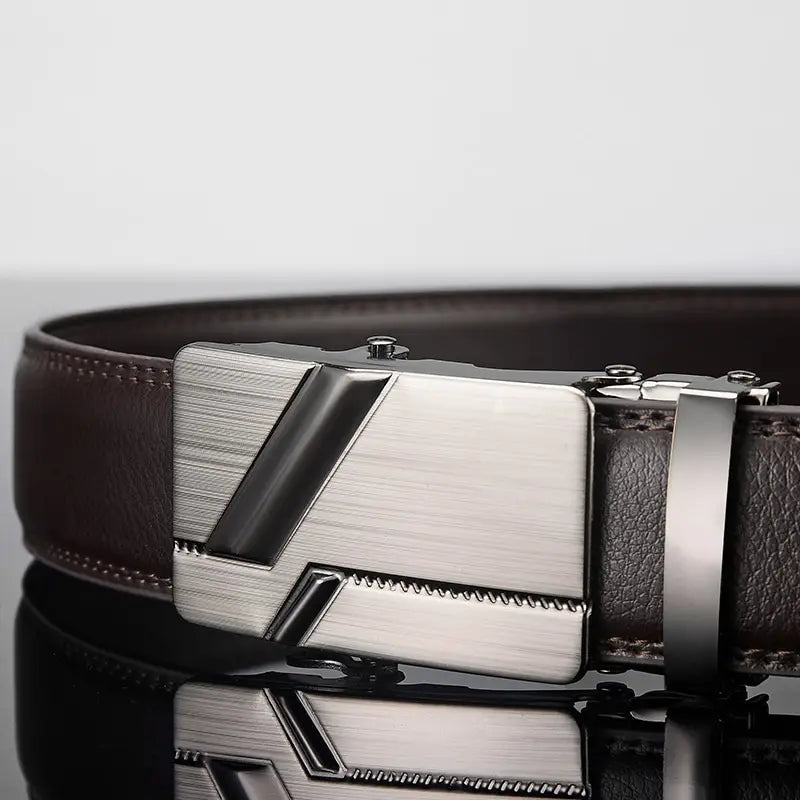 Men's black leather belt with metal automatic buckle, high-quality Ansoff luxury belt for work, business, or formal wear.