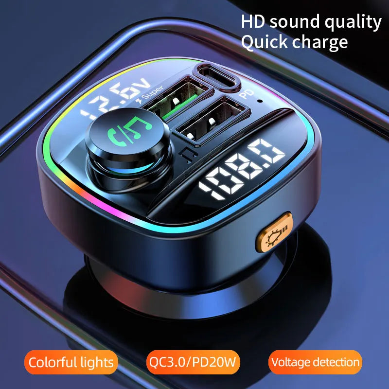 Ansoff Bluetooth 5.0 FM transmitter and MP3 player for cars with USB quick charge adapter, shown plugged into a vehicle's dashboard.