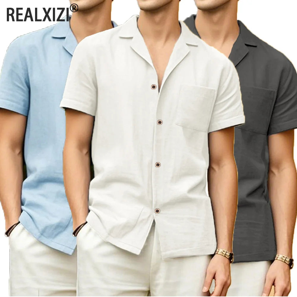 Men's short-sleeved casual summer shirt by Ansoff, solid color breathable loose-fit T-shirt for beach and vacation wear