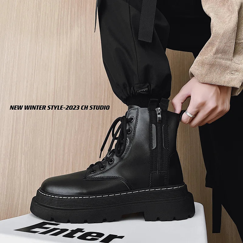Men's black leather high-top British fashion work boots by Ansoff, featuring sturdy construction and stylish design for daily wear.