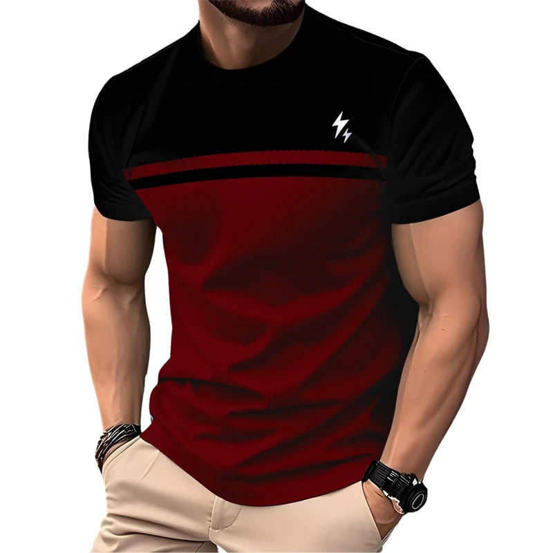 Ansoff men's striped casual summer T-shirt with 3D printed kids T-shirt design, loose streetwear crewneck top, laid flat.