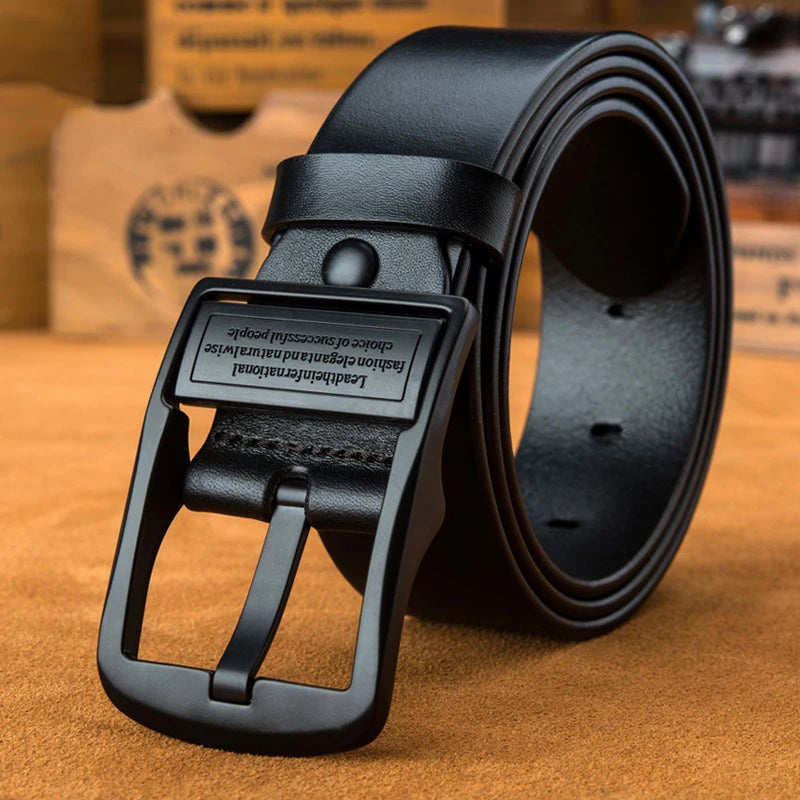 Black men's leather belt with pin buckle by Ansoff, stylish casual accessory for jeans, featuring a light luxury trendy design