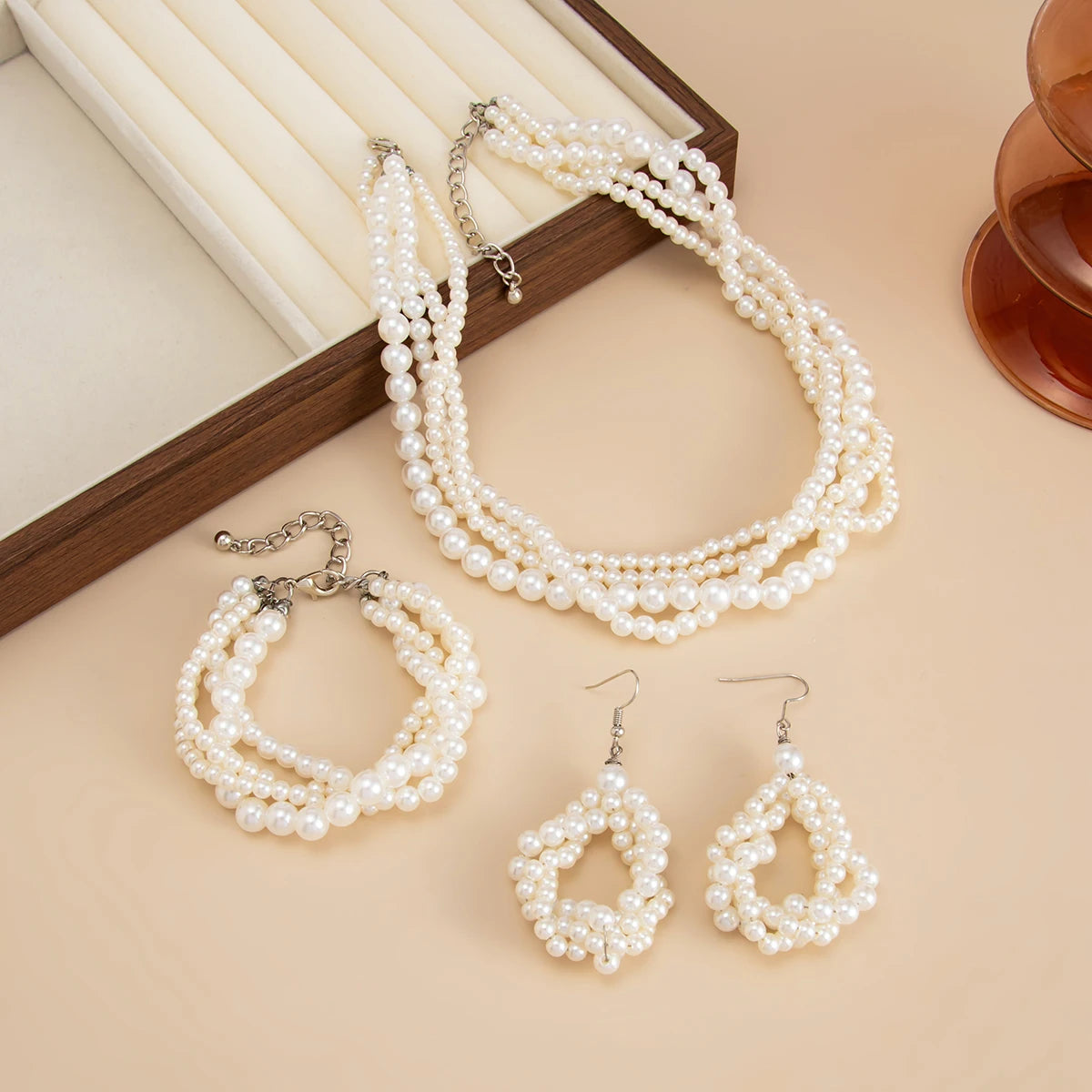 SHIXIN Luxury Imitation Pearl Choker Necklace Drop Earrings Bracelet Jewelry Set for Women Elegant Wedding Bridal Jewelry Gifts