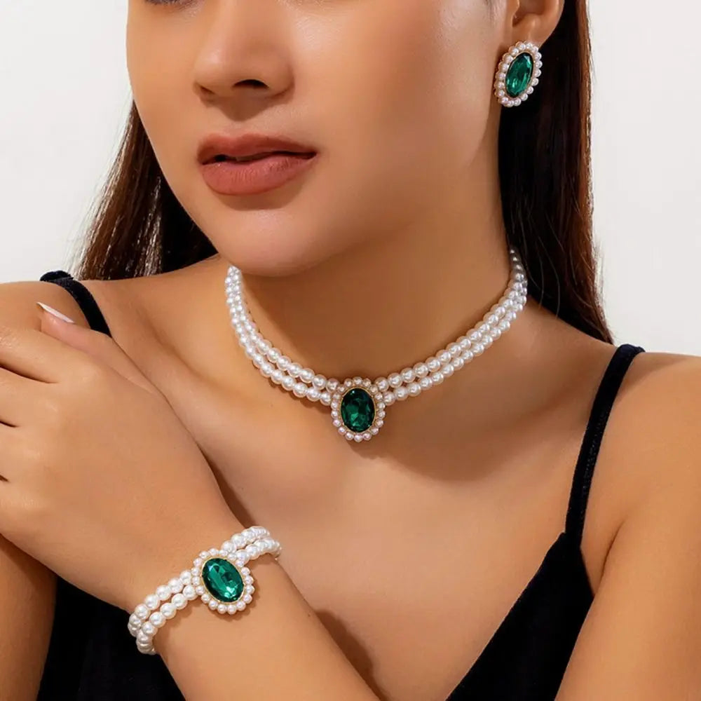 Rhinestones Pearl Jewelry Sets Multi-layer Bead Necklace Bracelet Earring Set Luxury Imitation Gem Bridal Jewelry Sets Party