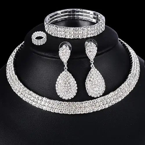 Wedding Bridal Jewelry Set String of Pearls Prom Silver Color Crystal Bracelet Necklace Earrings for Women jewellery sets