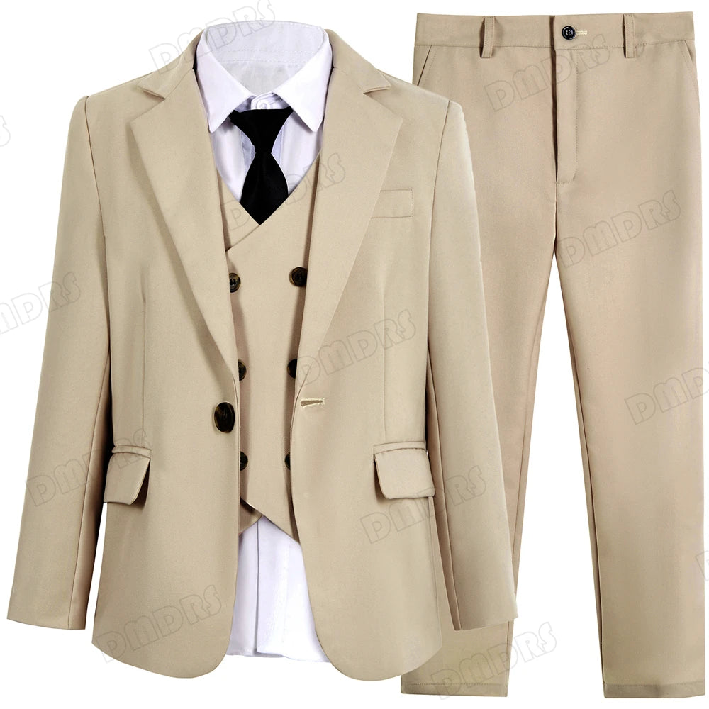 Children's brown tuxedo set by Ansoff, includes shawl collar blazer, dress shirt, vest, and pants for boys aged 3-14 years.