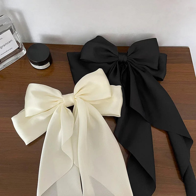 Ansoff Korean hair accessories with large satin bowknot clip, long ribbon, spring clamp for women and girls, stylish hair jewelry