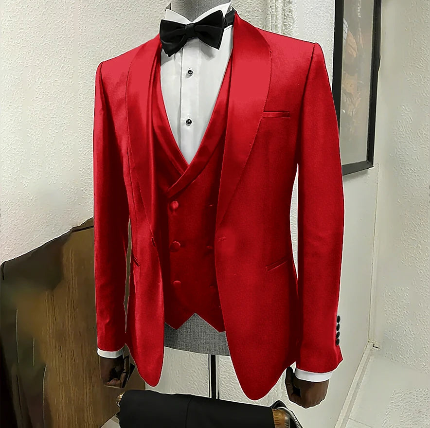 Elegant black men's 3-piece tuxedo with shawl lapel, one-button closure, suitable for weddings, parties, and formal events.