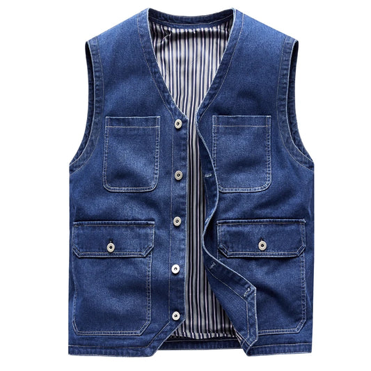 Ansoff men's denim jean vest with multiple cargo pockets, sleeveless blue motorcycle-style outerwear, suitable for retro fashion.