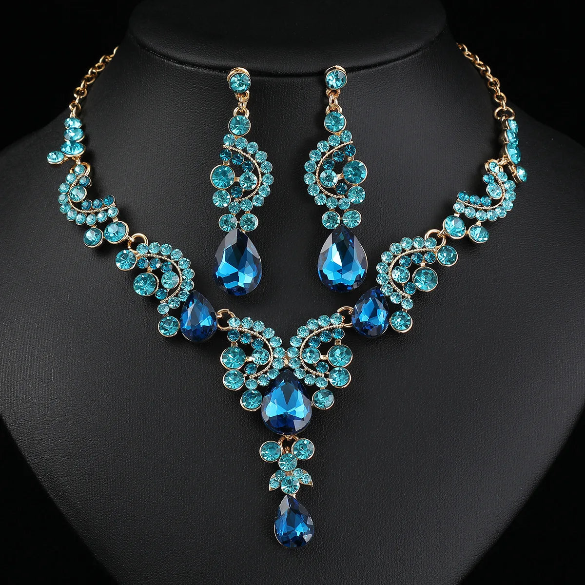 2pcs/set Jewelry Sets Women Blue Elegant Waterdrop Rhinestone Pendant Necklace stud Earrings Wedding Dress Bridal Jewelry Set