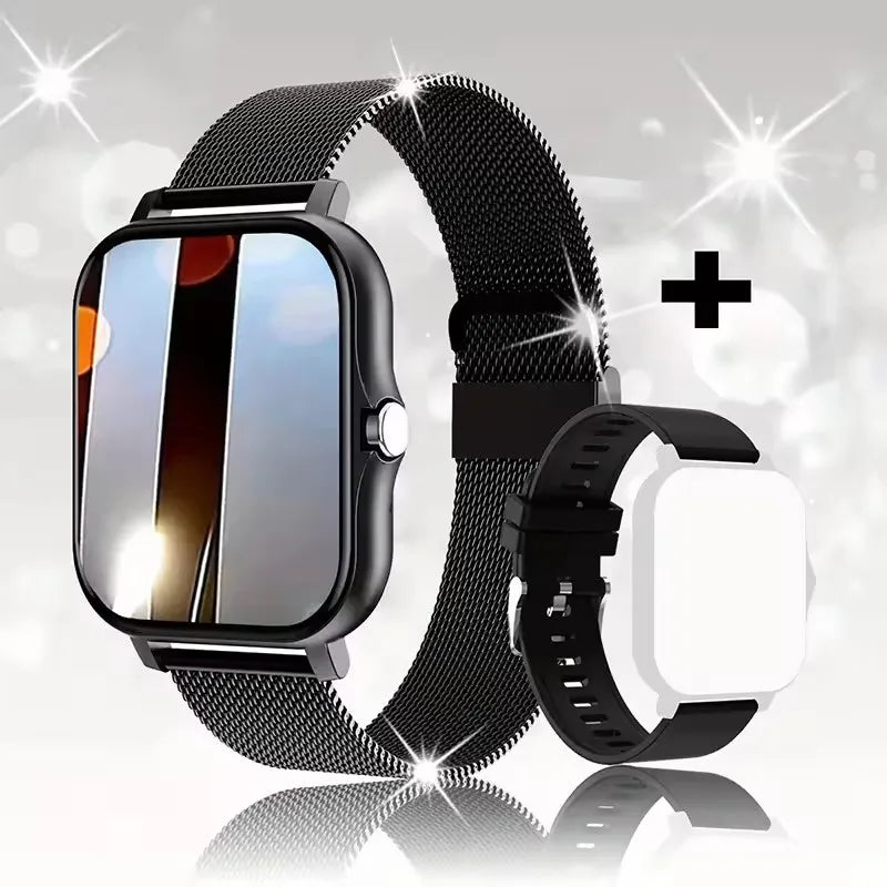 Ansoff Smart Watch with 2.01-inch HD display showing weather forecast, message preview, and sport modes on a sleek black band.