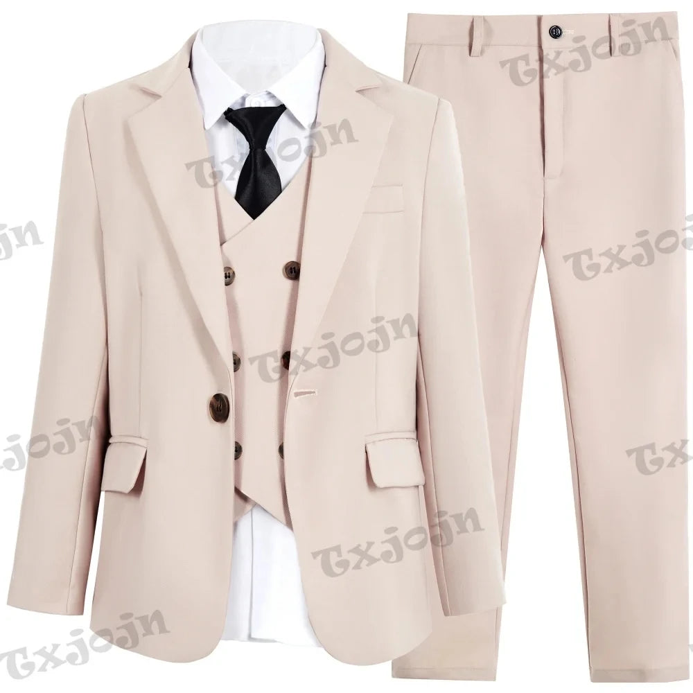 Colorful kids' suit set by Ansoff with blazer, vest, pants, and tie, designed for ages 3-14, ideal for parties and special occasions.