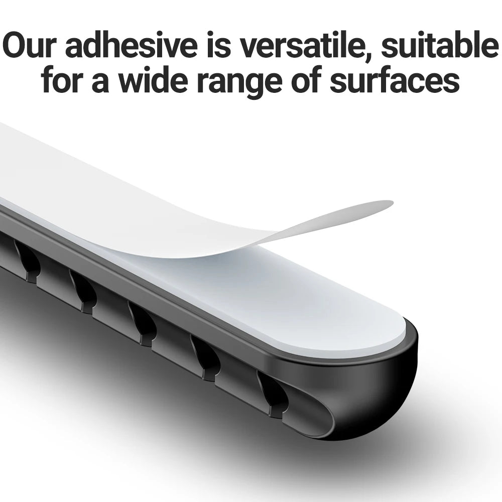 Ansoff adhesive cable holder clips for managing USB charging, power, mouse, and desktop wires on a nightstand or desk.