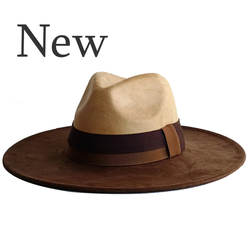 Colorblock ribbon colorful suede felt hat with wide brim, suitable for women and men, in British style for autumn and winter.