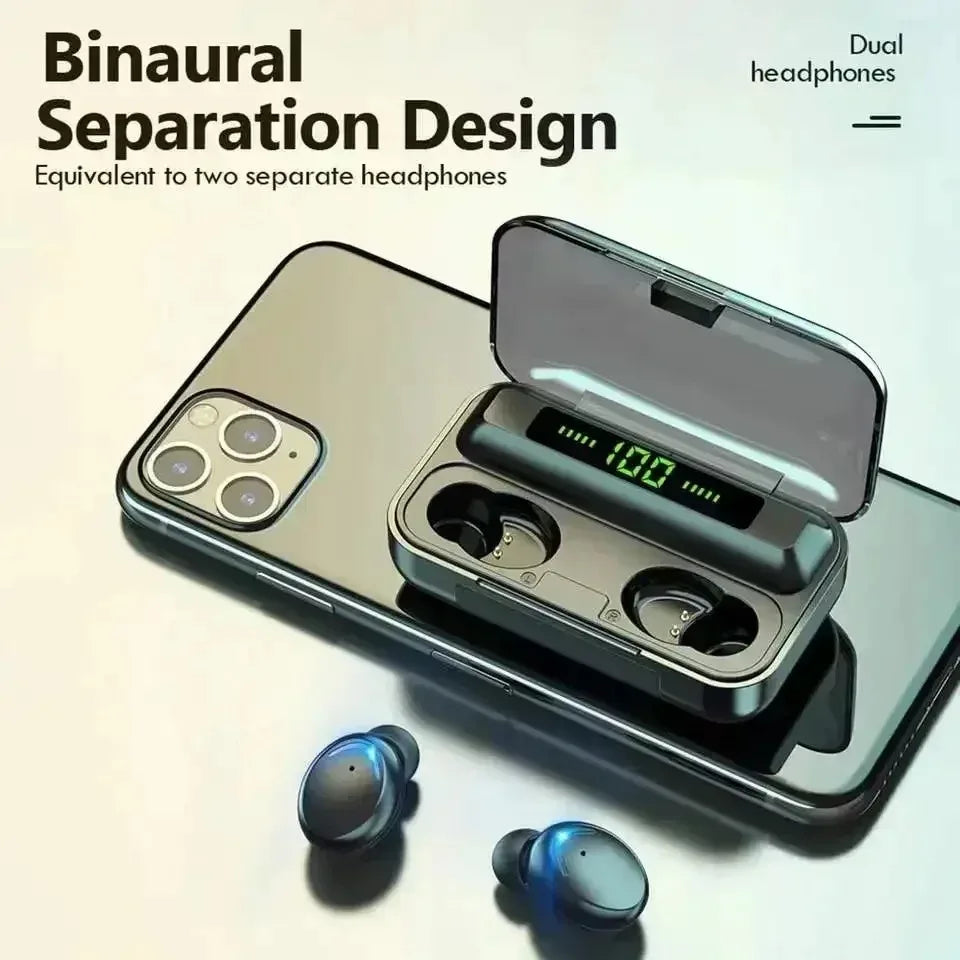 Ansoff TWS F9-5 Bluetooth wireless earbuds with microphone, waterproof stereo headphones, compact in-ear design.