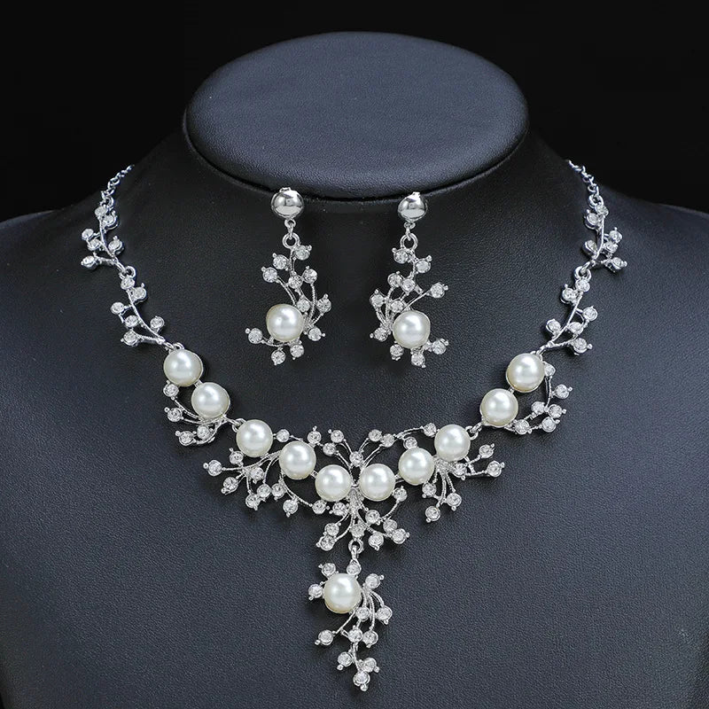 New Fashion personality flower Imitation Pearl Wedding Necklace Earring Set Bridal For Women Elegant Rhinestone Jewelry Gift