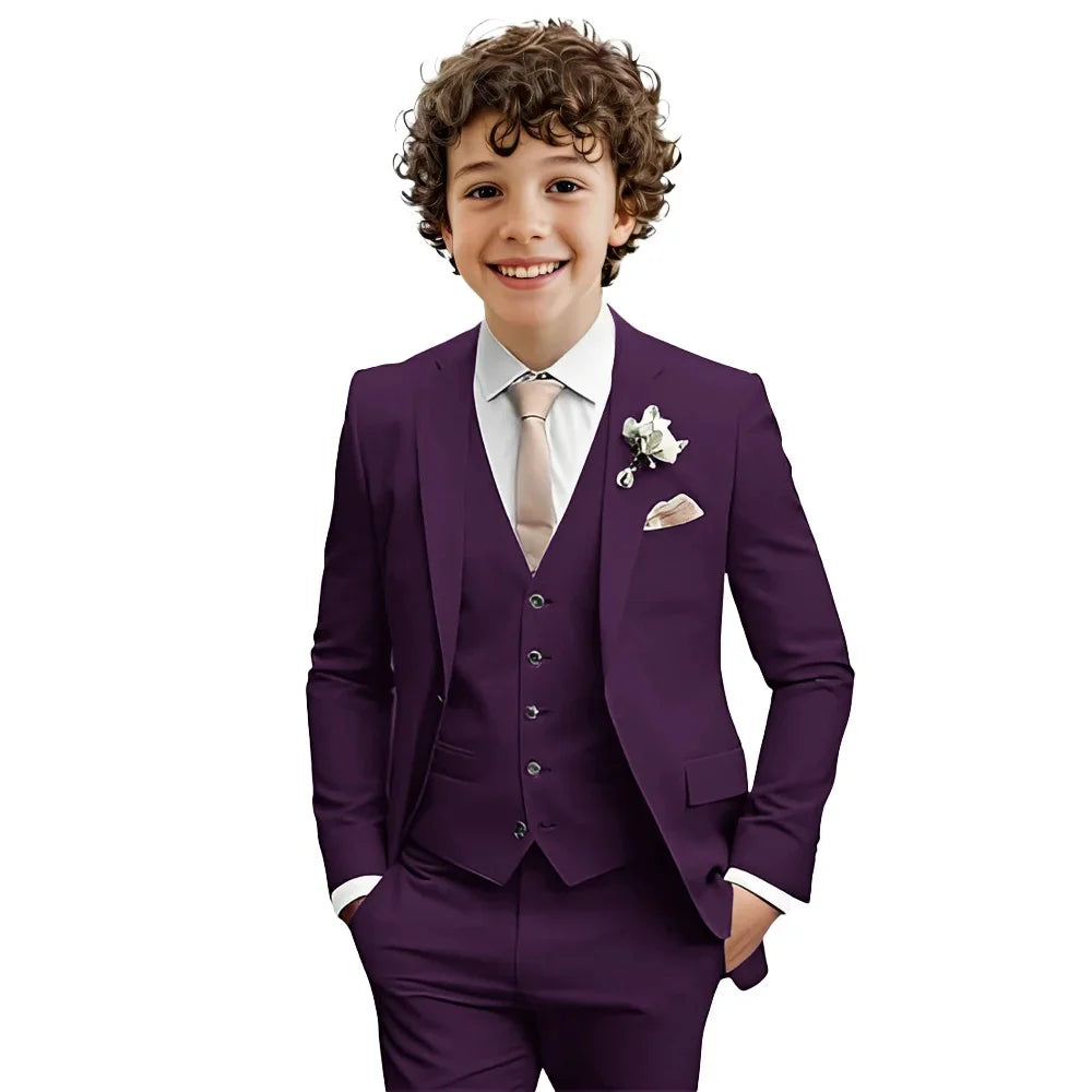 Multi-color boys' 3-piece suit set by Ansoff, featuring a formal tuxedo with notched lapel, slim fit, suitable for wedding or party.