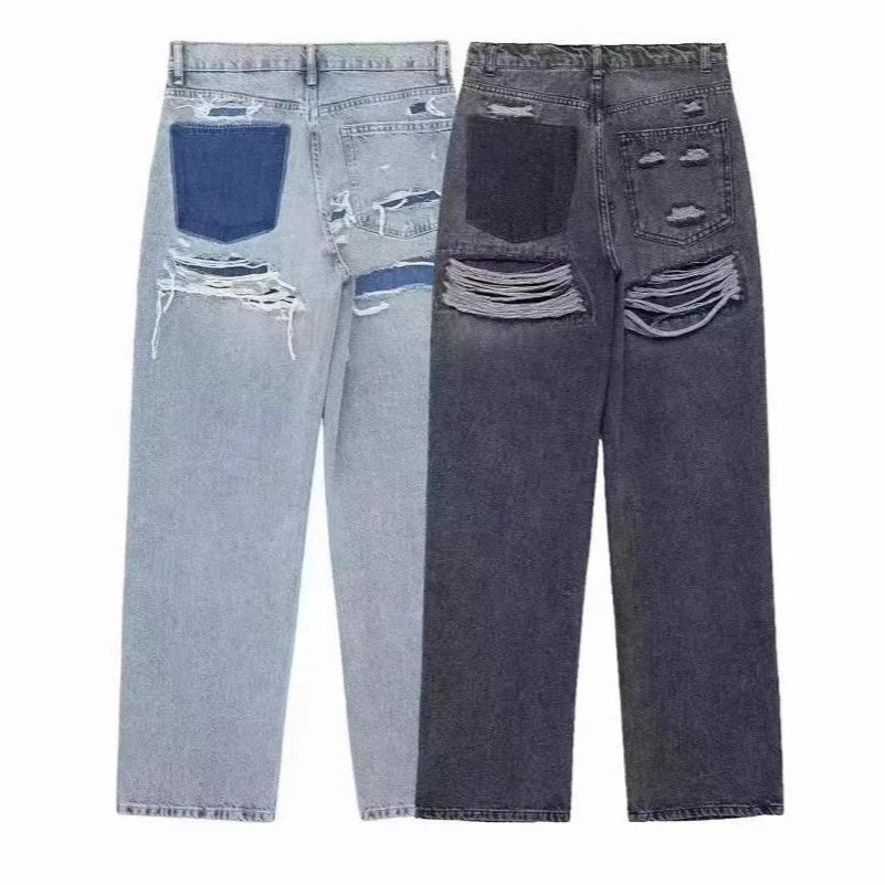 Ansoff women's high waist straight denim jeans with wide legs, long casual trousers, splice details, and streetwear style.