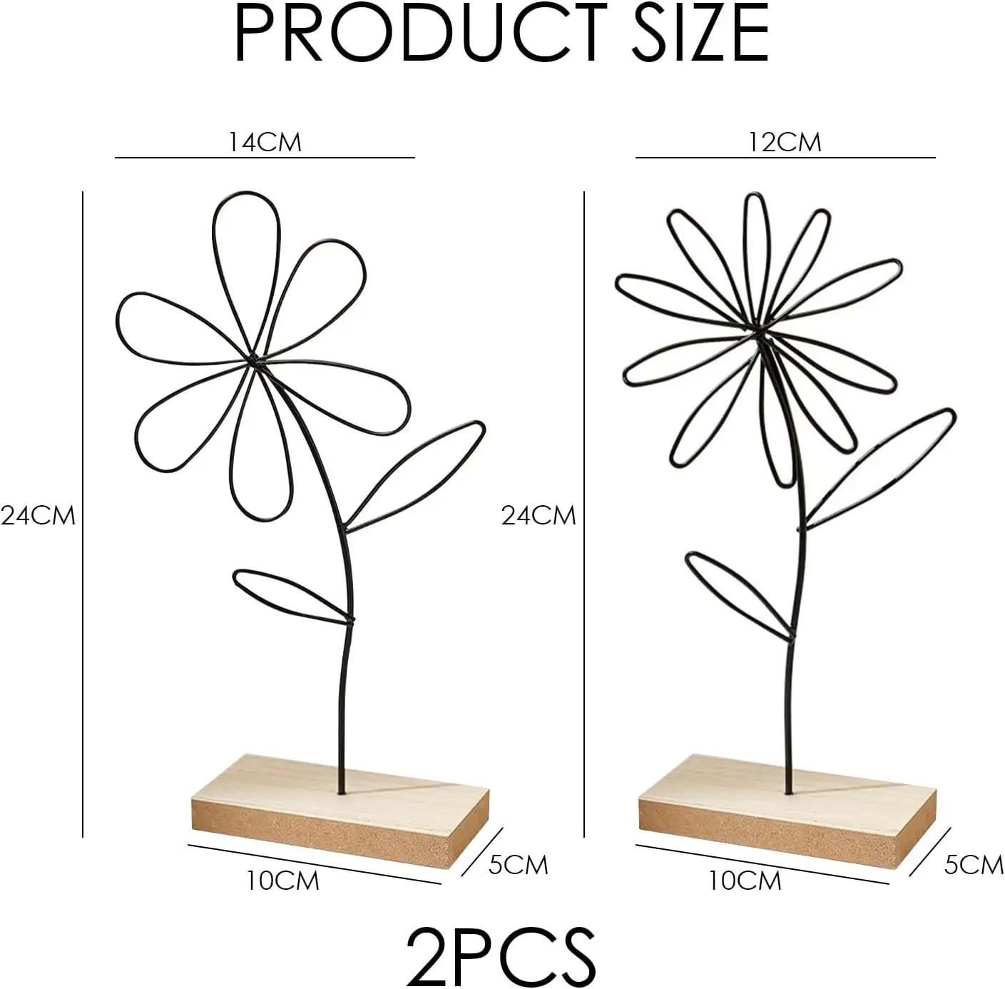 Iron Desktop Art - Rustproof Flower Design Ornament with Wooden Base, Art Crafts for Bedroom, Study Room, Cafe