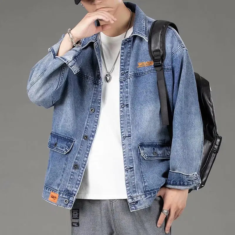 Men's denim jacket by Ansoff featuring casual loose fit, streetwear style, and classic blue jean design.