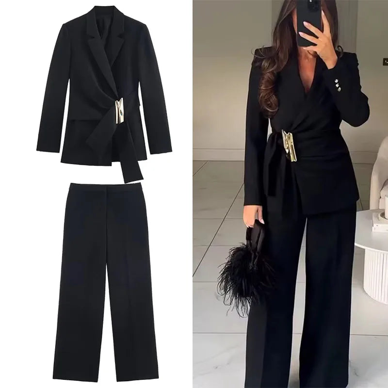 Ansoff women's two-piece suit set with long sleeve blazer coat featuring buckle details and straight-leg pants for chic office wear.