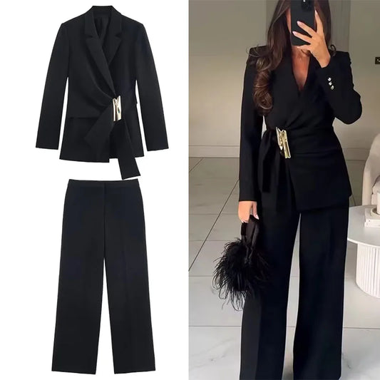 Ansoff women's two-piece suit set with long sleeve blazer coat featuring buckle details and straight-leg pants for chic office wear.