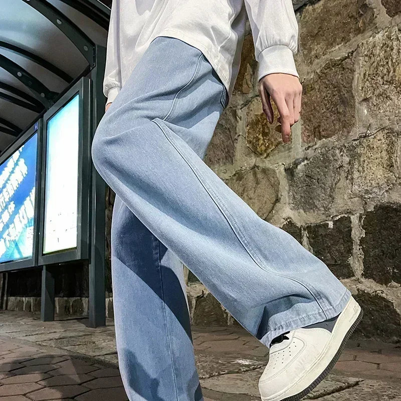 Men's loose streetwear jeans by Ansoff featuring straight wide-leg fit in black and light blue, Korean style fashion pants.