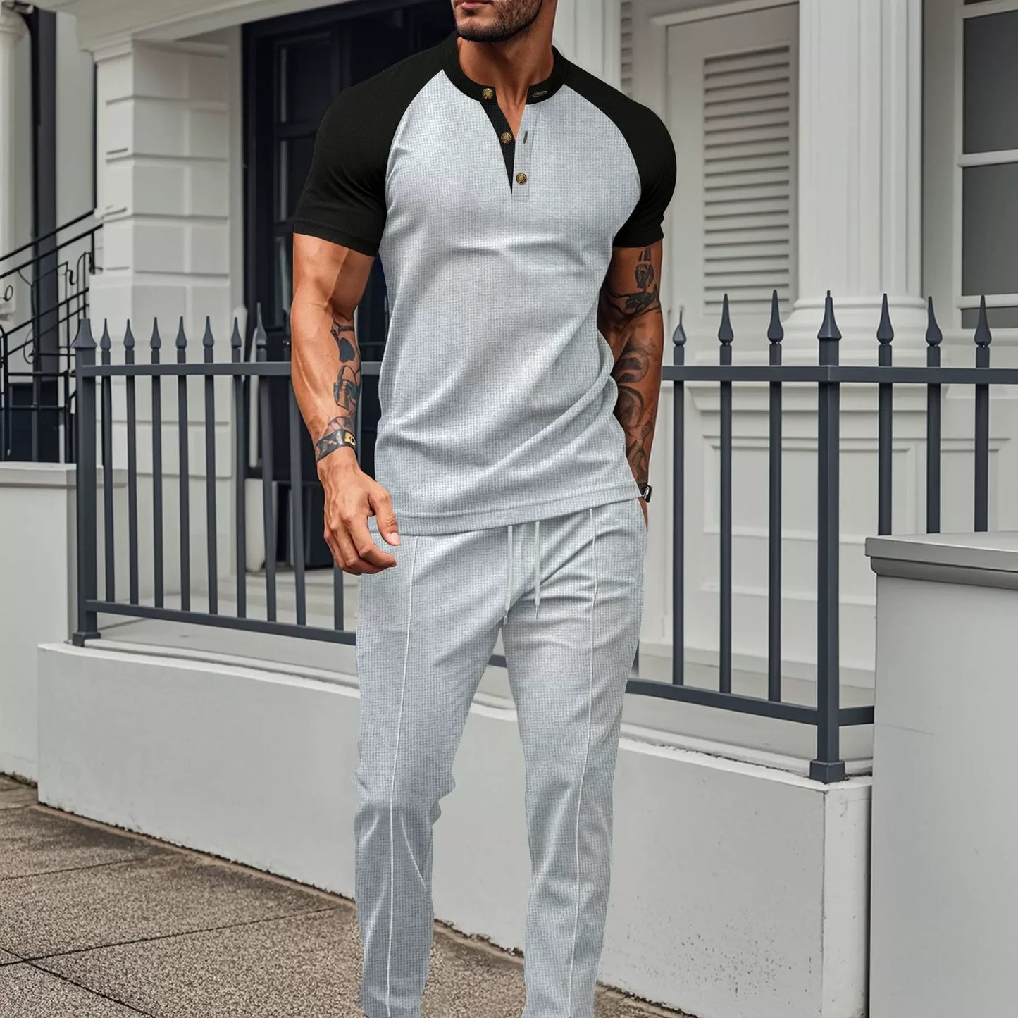 Men's summer casual suit set by Ansoff, including round neck T-shirt and trousers, in color-matched designs for 2025.