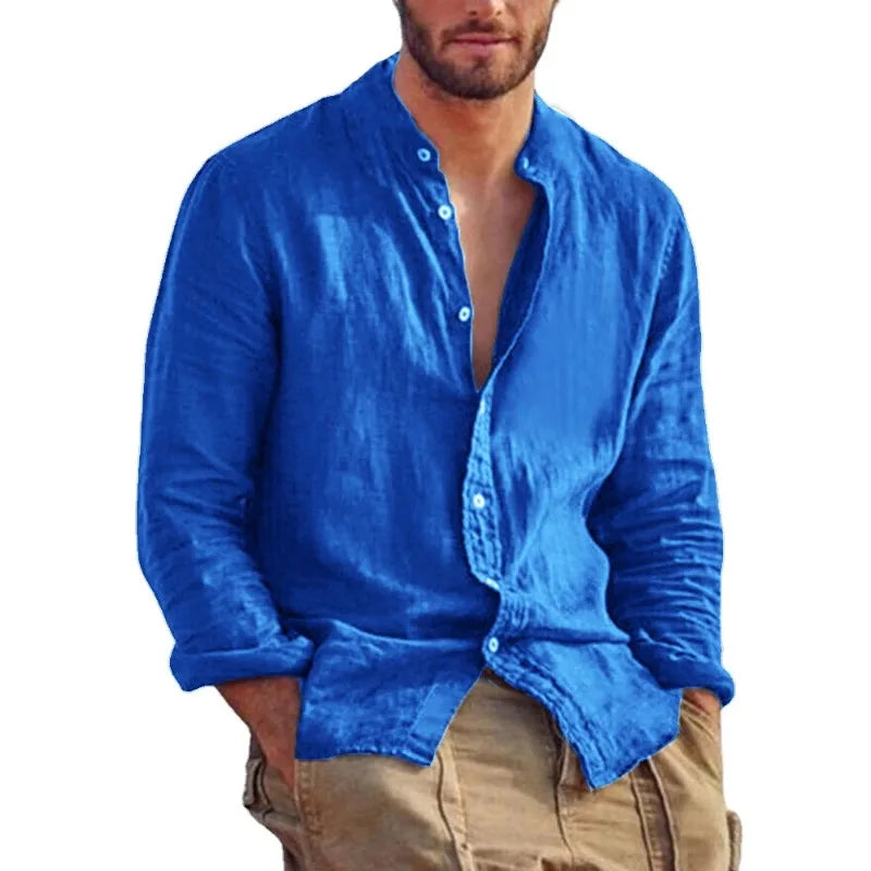 Sweatwear Men's Long Sleeve Shirt Linen Solid Color Shirts Trend Stand Collar Casual Lightweight Breathable Tops Hawaiian Shirt - Acros