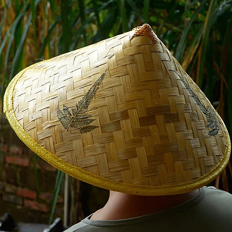 Handmade Chinese retro bamboo rattan fisherman hat with straw weave, sunshade brim, suitable for tourism and outdoor fishing activities.