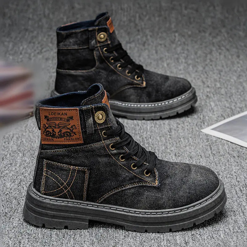 Ansoff men's canvas denim climbing boots with breathable fabric, versatile casual outdoor footwear, stylish and suitable for outdoor activities.