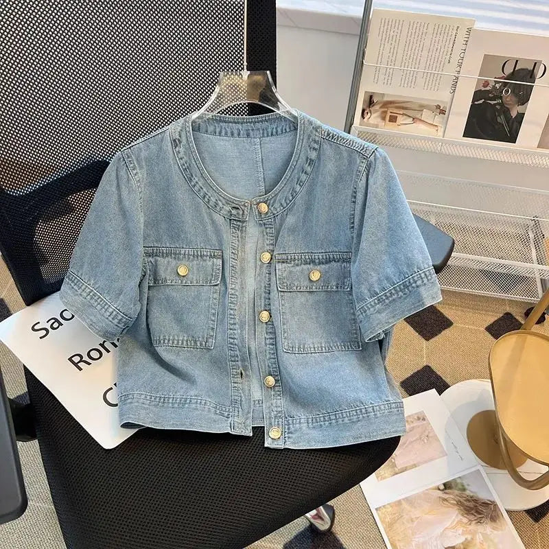 Women's denim jacket by Ansoff, short sleeve streetwear jean jacket with retro vintage style, perfect for summer casual outfits.