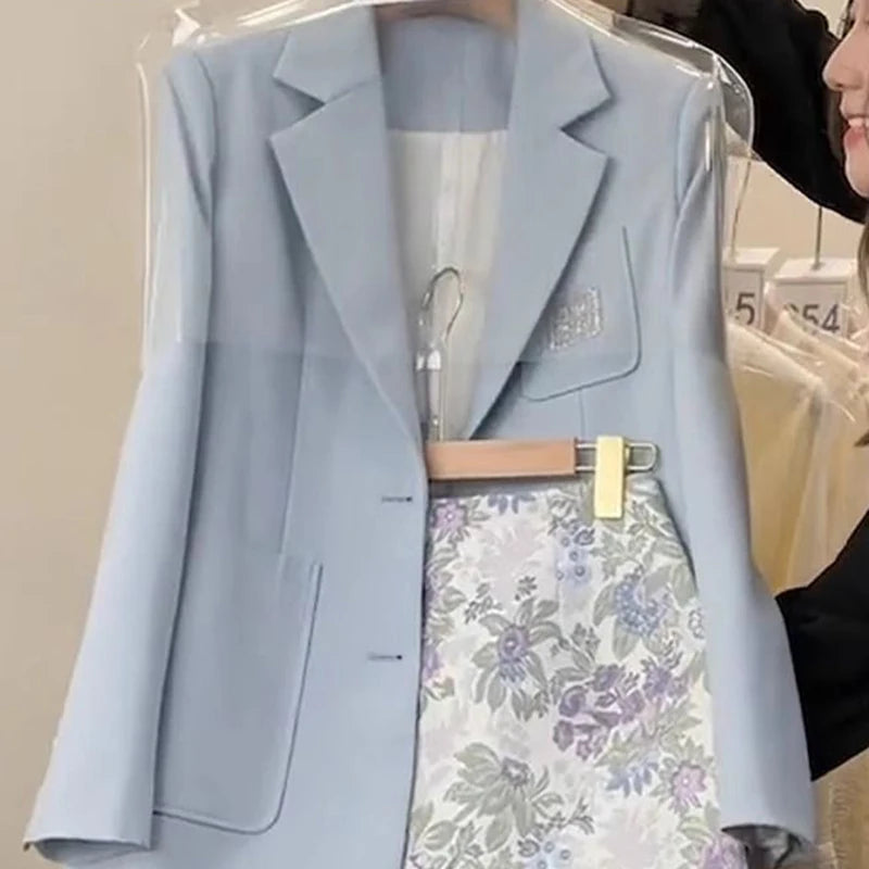 Ansoff women's blue floral skirt suit set with vest and printed skirt, perfect for spring, stylish Korean fashion.