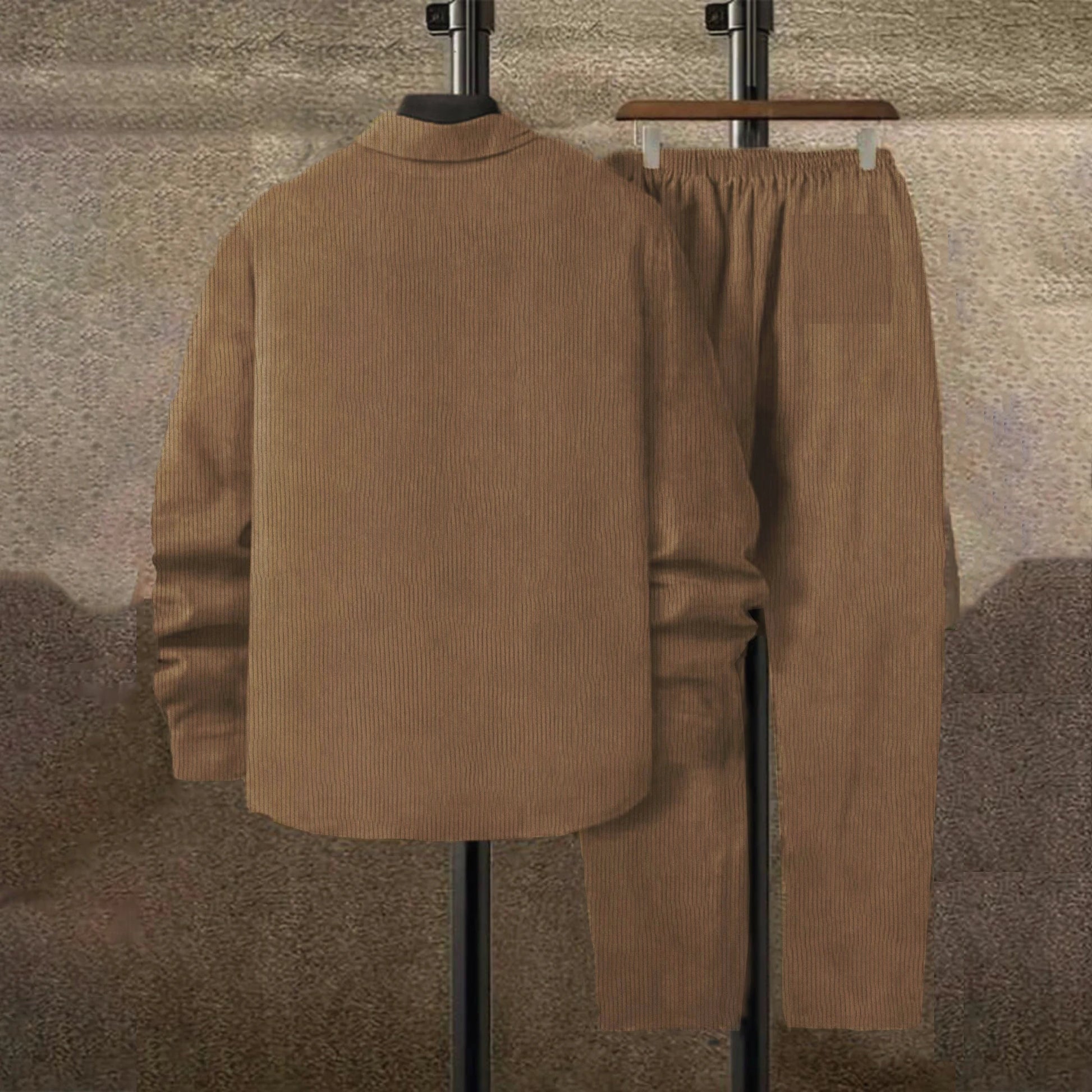Men's solid color corduroy suit by Ansoff, featuring a long sleeve shirt and matching pants for casual or semi-formal wear.