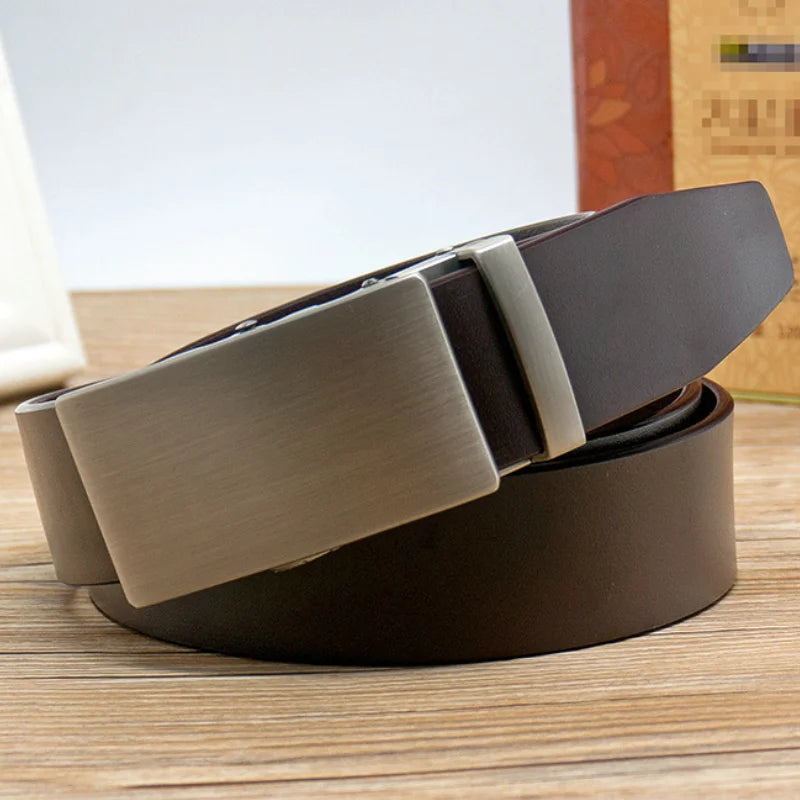Ansoff men's genuine leather belt with automatic buckle, adjustable no-hole design, perfect for jeans and casual wear.