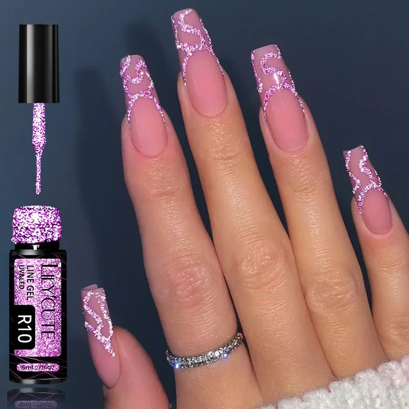 LILYCUTE 5ML Champagne Gold Reflective Glitter Liner Gel Nail Polish Bright Sparkling French Semi Permanent Nail Painting UV Gel
