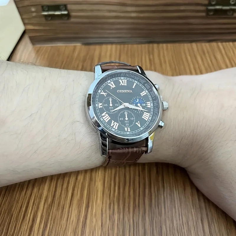 GENEVA High Quality Men's Luxury Belt Fashion Quartz Watch Men Round Business Student Sport Waterproof Glow Clock - Acros