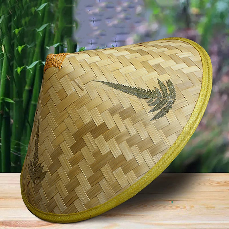 Handmade Chinese retro bamboo rattan fisherman hat with weave straw design, sunshade and rain protection for outdoor activities