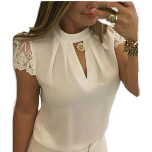 Ansoff women's high neck blouse with deep V-back, lace sleeves, stand-up collar, zipper detail, and patchwork design.