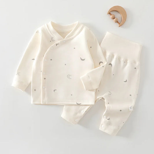 Baby Clothes 2Pcs Infant Spring Cotton Pajama Set V-Neck Long Sleeve High Waisted Belly Warming Printed Infant Clothing