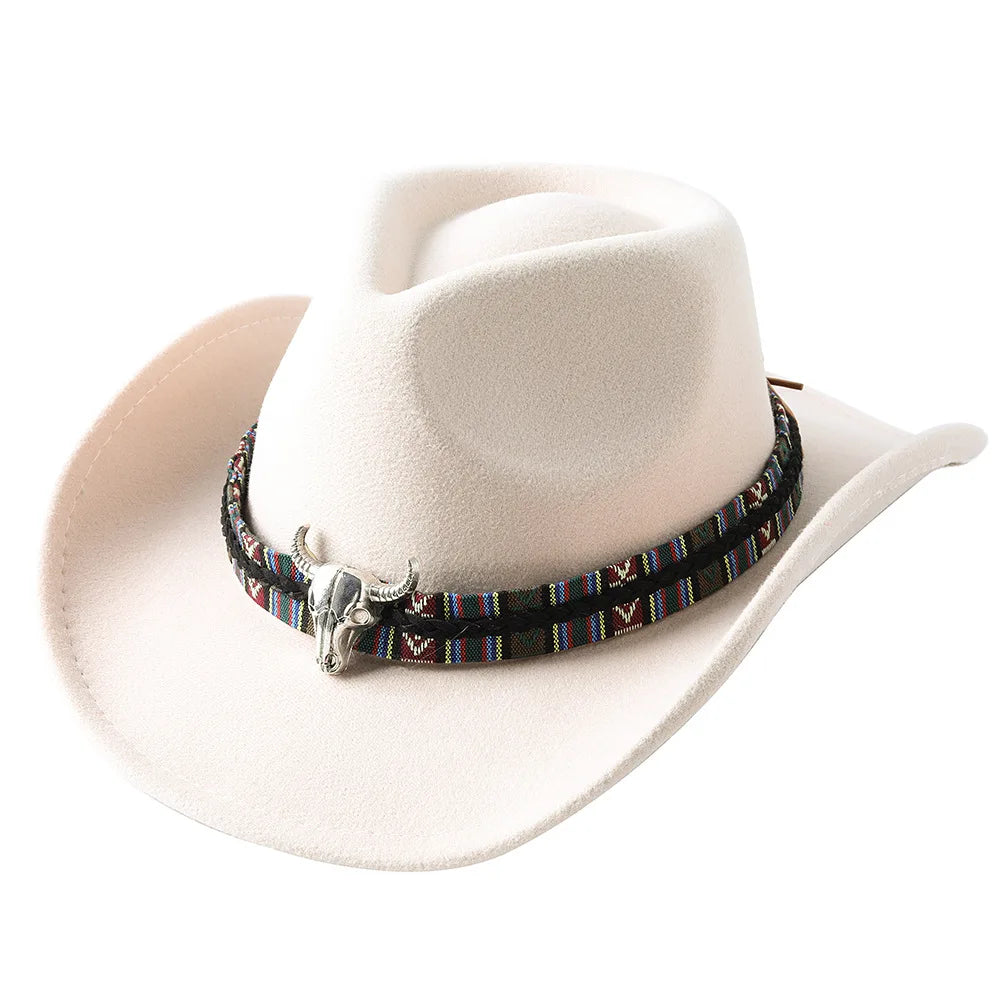Ansoff cowboy hat with cow head design, large brim felt outdoor hat for men and women, monochrome black and white style.