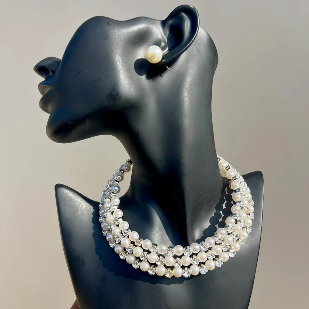 Elegant Imitation Big White Pearl Necklace Earring Jewelry Set for Women Party Wedding Pearl Accessories
