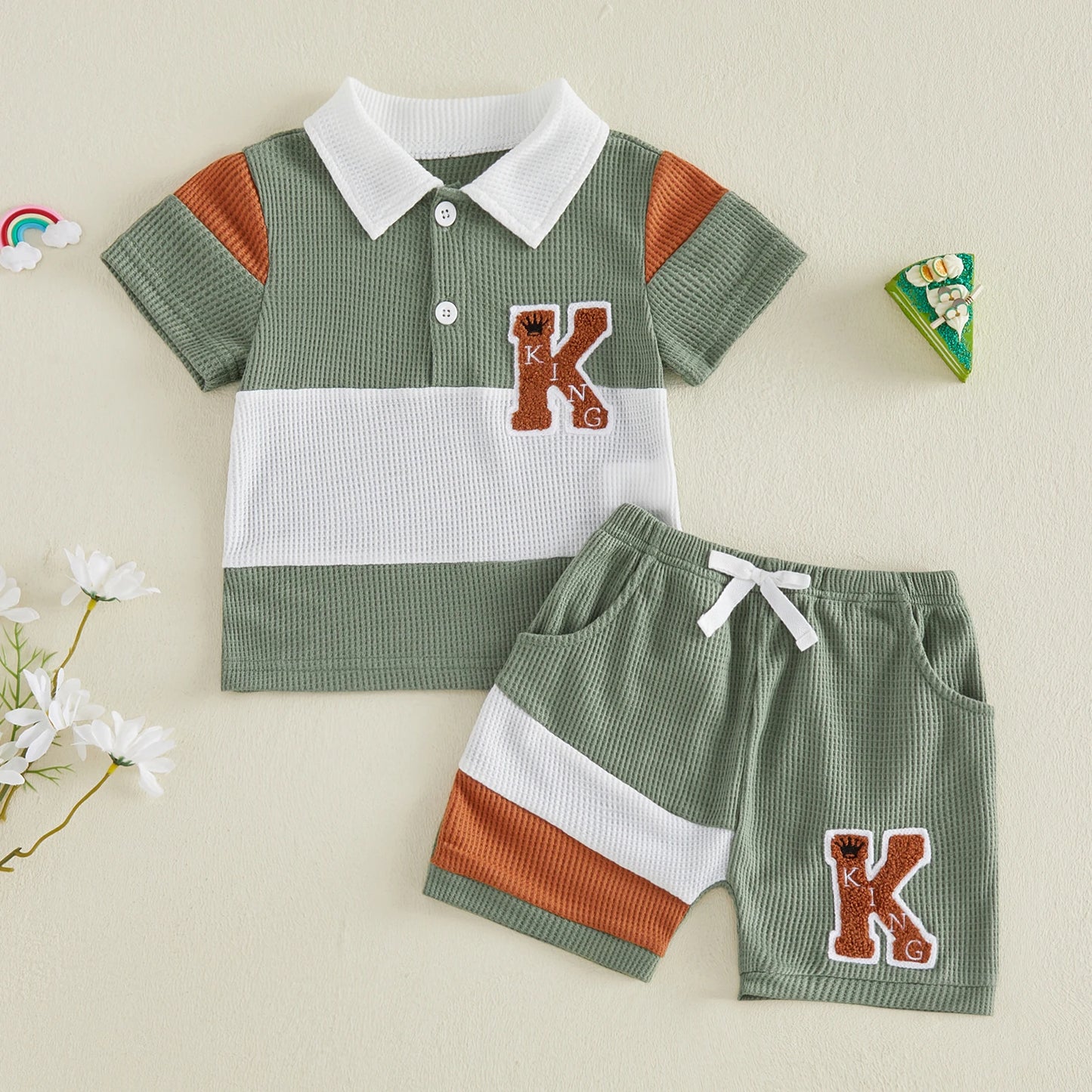 Baby Clothing Boys Summer Outfits Patchwork Waffle Short Sleeves T-Shirt Set Toddler Children Clothes