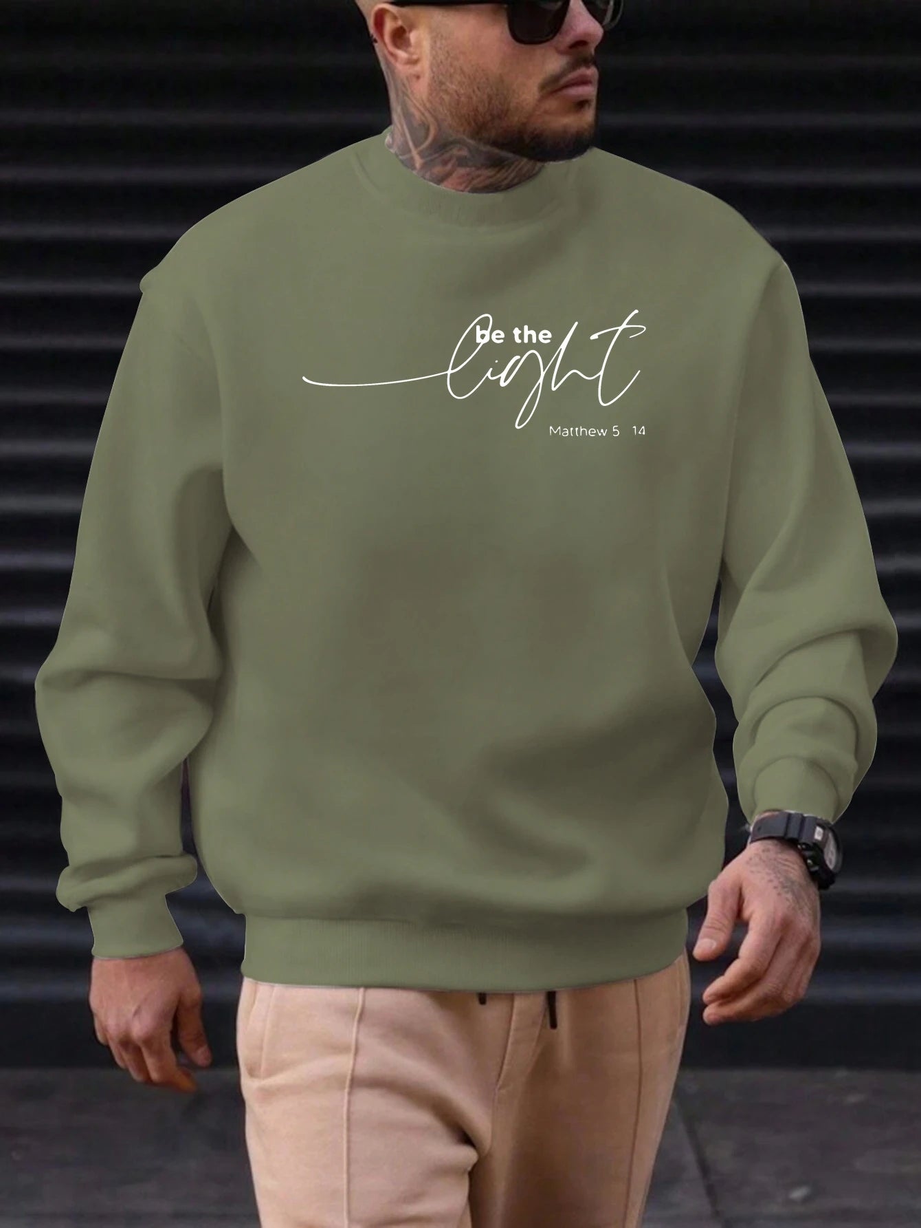 Men's Sweatshirt 2025 New Arrival Minimalist Cozy Relaxed Fit Elegant Calligraphy “Be the Light” Matthew 5:14 Quote Top - Acros