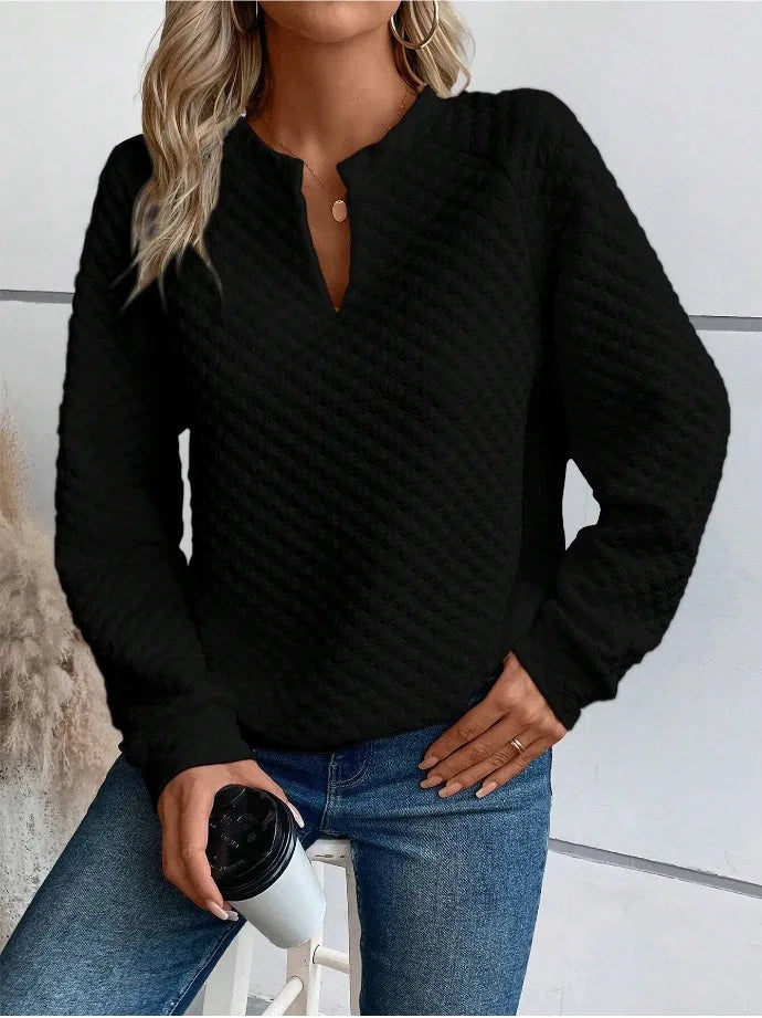 Women Sweatshirt 2025 Spring Autumn Latest Fashion Solid Color Deep V-Neck Pullover Long Sleeved Casual Hoodie Loose Sporty Top - Acros