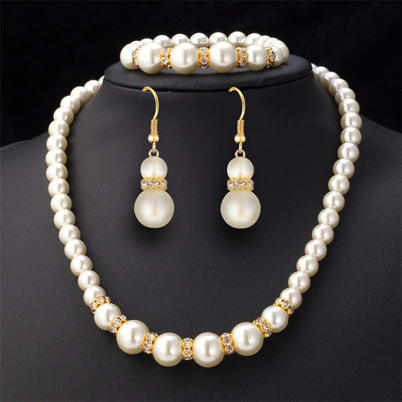 High Quality Luxury Elegant Simulated Pearl Necklace Earrings Bracelet Sets Women Bridal Banquet Wedding Fashion Jewelry Gifts