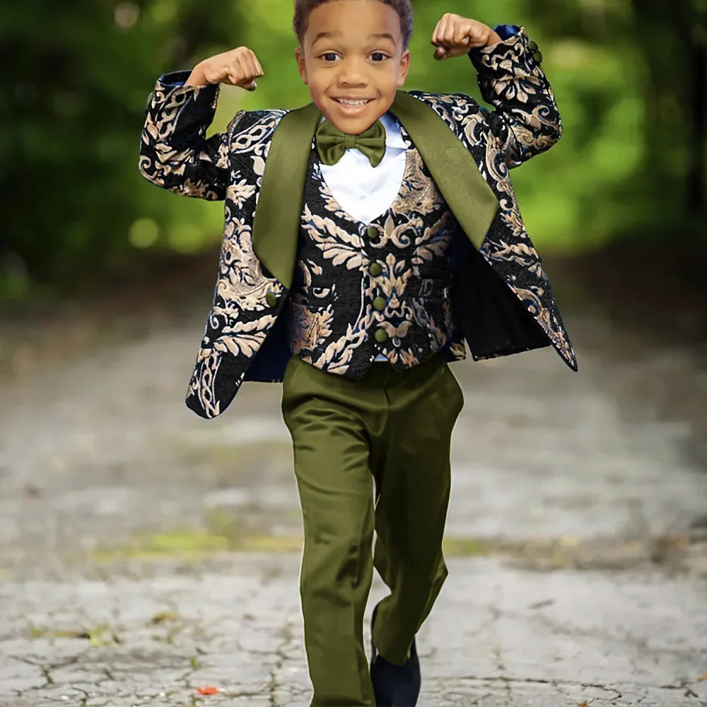 Boy wearing Ansoff slim fit jacquard 3-piece wedding tuxedo suit, including jacket, vest, and trousers, for celebration or formal events.