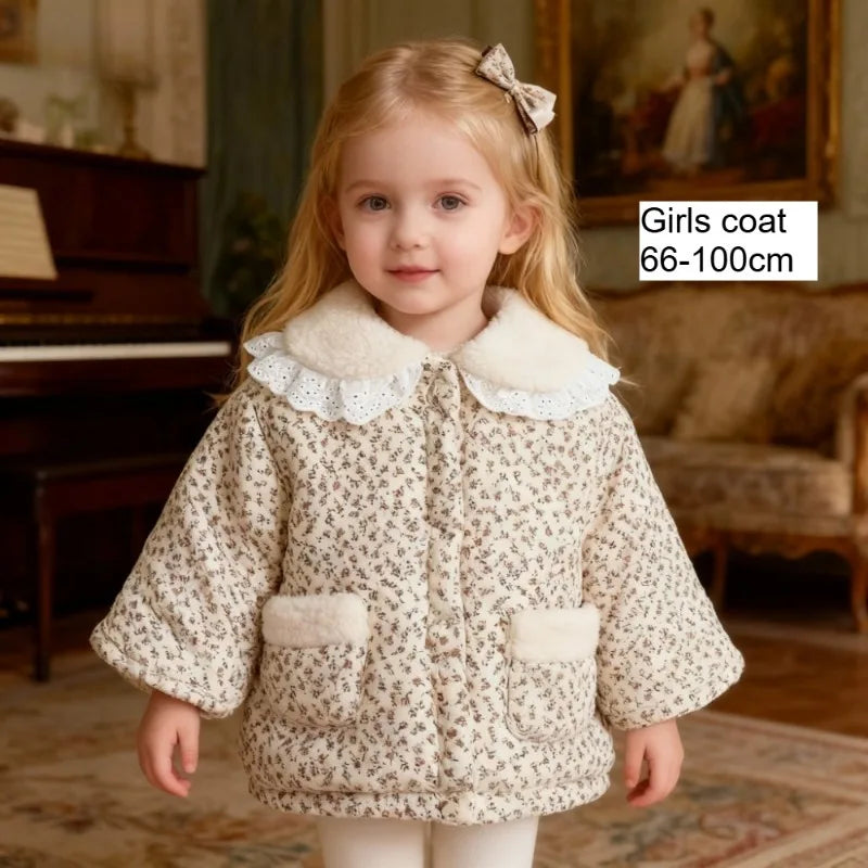 Fashion Baby Girl Winter Clothes Jacket Thick Lamb Lace Collar Infant Toddler Child Warm Floral Coat Baby Outwear Cotton 0-3y